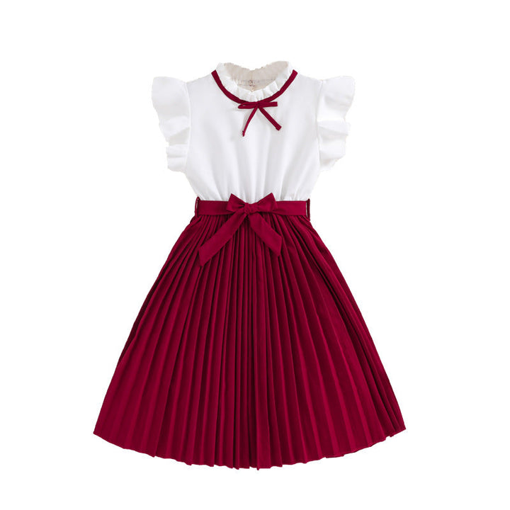 Mädchen Faltenrockkleid mit Puffärmeln und Taillenknoten Echoarchiv