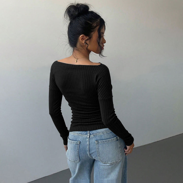Damen schulterfreies geripptes Langarmshirt mit taillierter Raffung und figurbetontem Stretch – Avérine