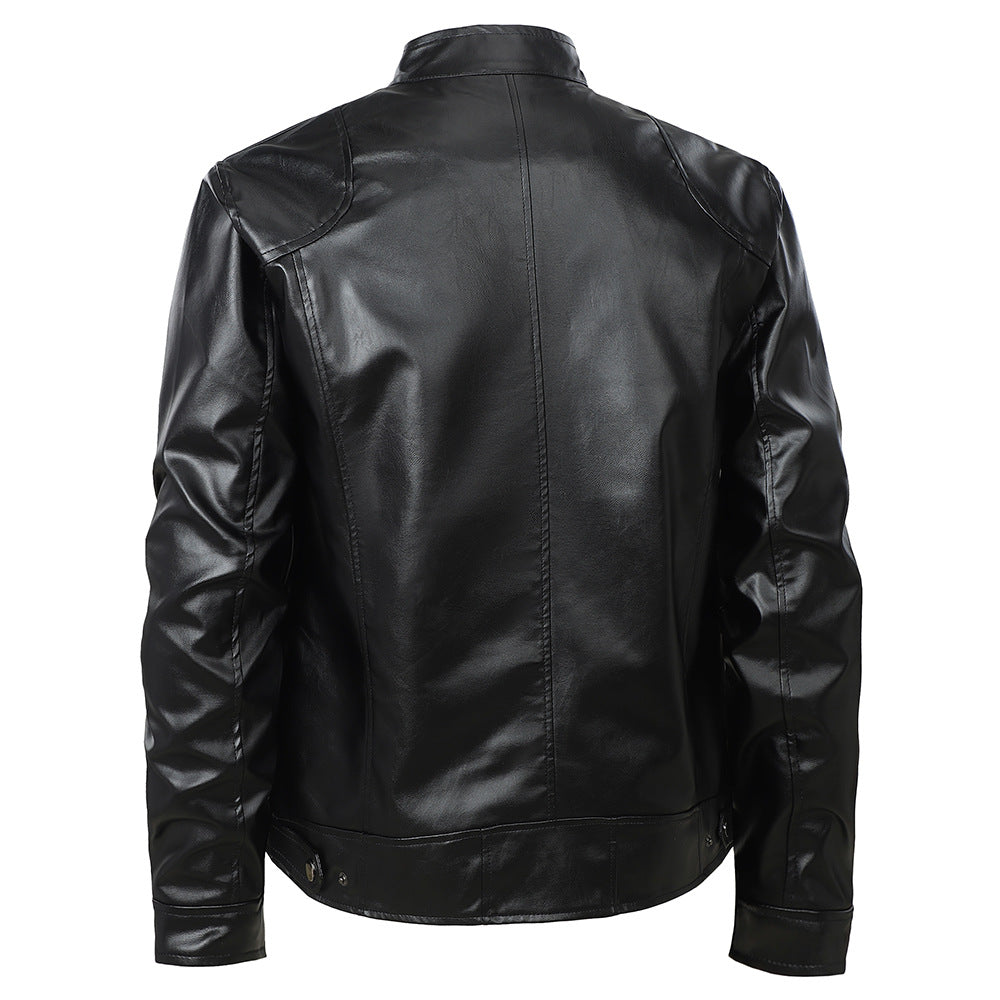 Herren modische Kunstlederjacke mit elegantem Stehkragen und funktionalen Reißverschlusstaschen Echoarchiv