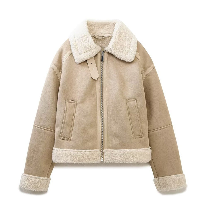 Damen Hochgeschnittene Pilotjacke aus veganer Lederoptik mit Teddyfutter und Reißverschluss Echo Archiv
