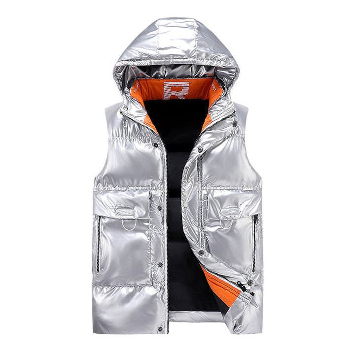 Herren wattierte Kapuzenweste im Metallic‑Look mit Utility‑Taschen Echo Archiv