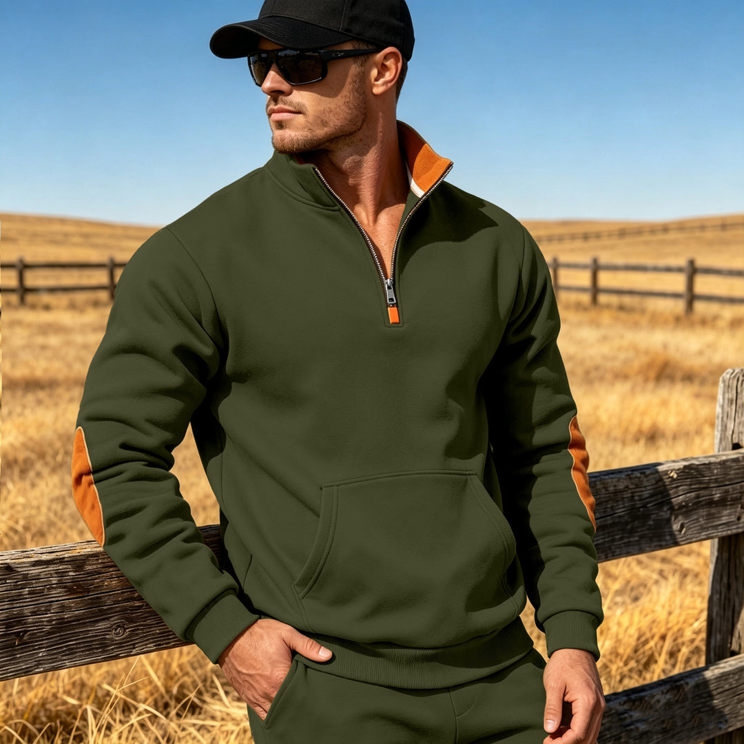 Herren Athletisches Halbzip-Sweatshirt mit Ellenbogenpatches und Kängurutasche Echoarchiv
