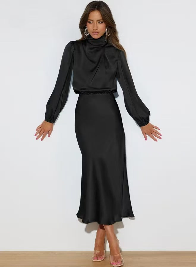 Damen Elegantes Satin-Midikleid mit Stehkragen, Blouson-Oberteil und fließendem Rock – Élara