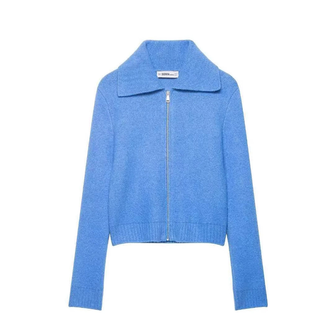 Damen nan kurz geschnittene Strickjacke mit Reißverschluss, breitem Umlegekragen und Rippbund Echo Archiv