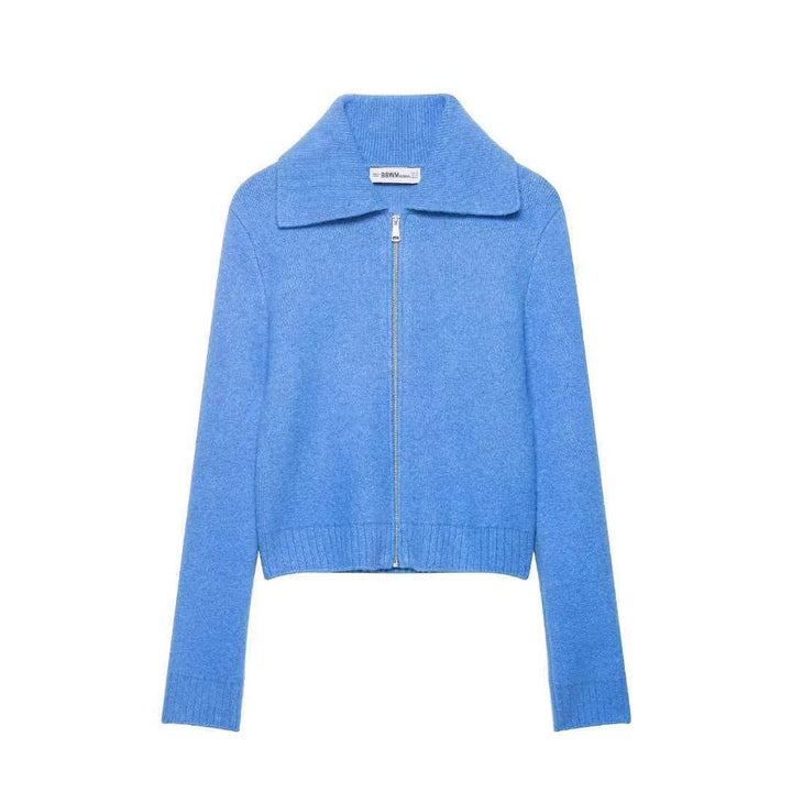 Damen nan kurz geschnittene Strickjacke mit Reißverschluss, breitem Umlegekragen und Rippbund Echo Archiv