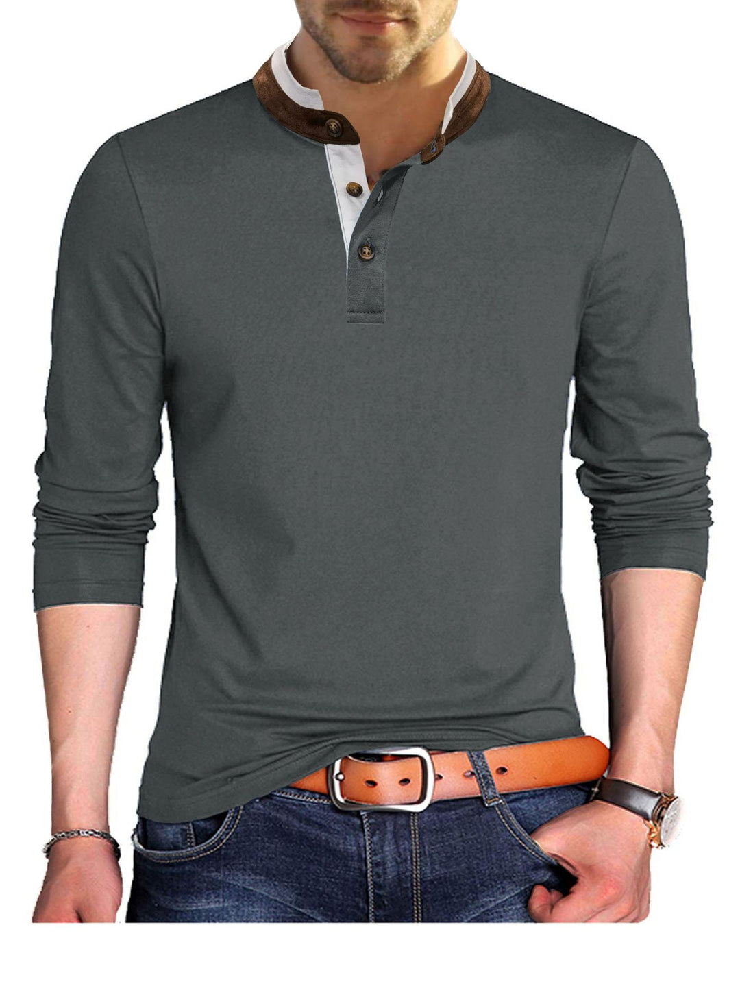 Herren Langarm-Henley-Shirt mit kontrastierendem Kragen und stilvollen Knopfdetails Echoarchiv