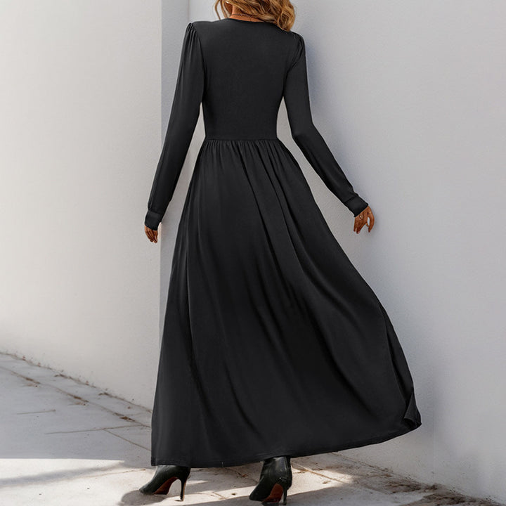 Damen Maxikleid mit V-Ausschnitt und Spitzenbesatz, tailliertem Wickeloberteil, langen Ärmeln und hohem Beinschlitz – Valéora