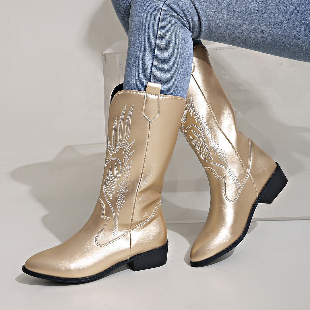 Damen Cowgirl-Kniehoher Stiefel mit dekorativer Stickerei, Pull‑Tabs und komfortablem Blockabsatz Echo Archiv