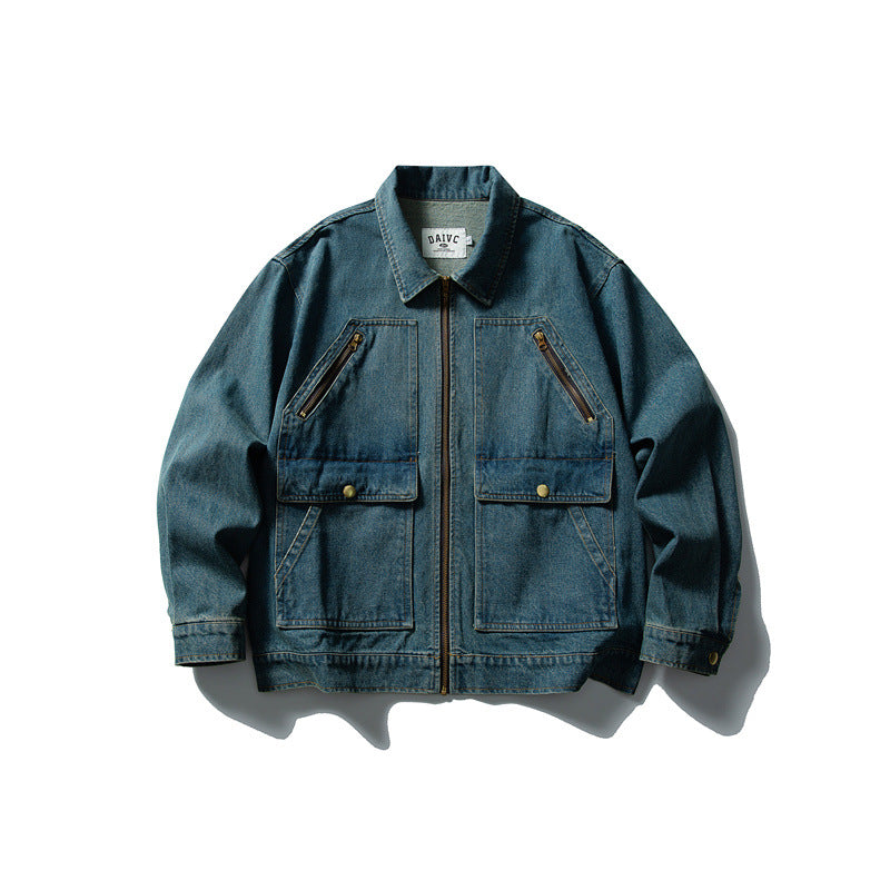 Unisex Boxy Denim Utility Blousonjacke mit mehreren Fronttaschen und robustem Reißverschluss Echoarchiv