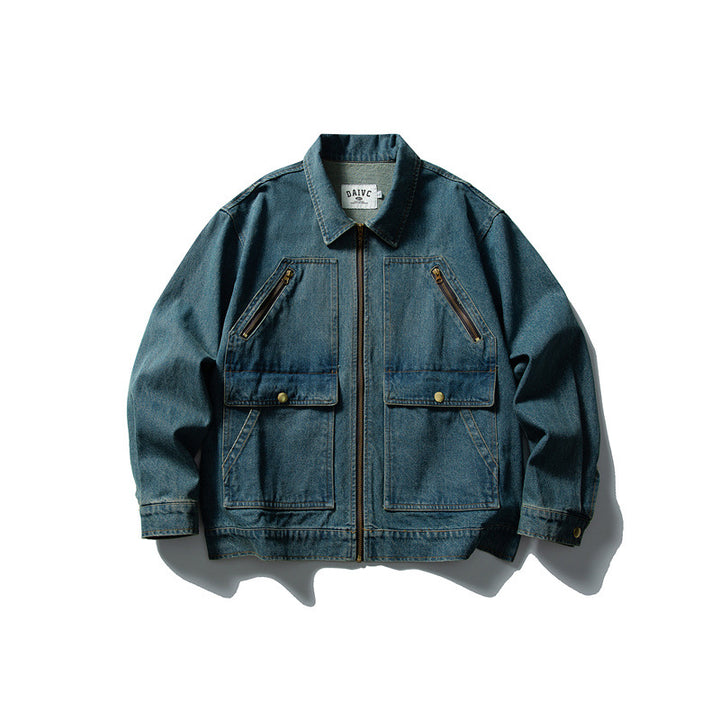 Unisex Boxy Denim Utility Blousonjacke mit mehreren Fronttaschen und robustem Reißverschluss Echoarchiv