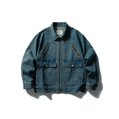 Unisex Boxy Denim Utility Blousonjacke mit mehreren Fronttaschen und robustem Reißverschluss Echoarchiv