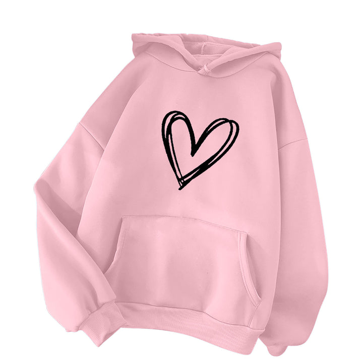 Damen oversized Kapuzenpullover mit handgezeichnetem Herzprint, Kängurutasche und weichem Fleece-Innenfutter – Auréline