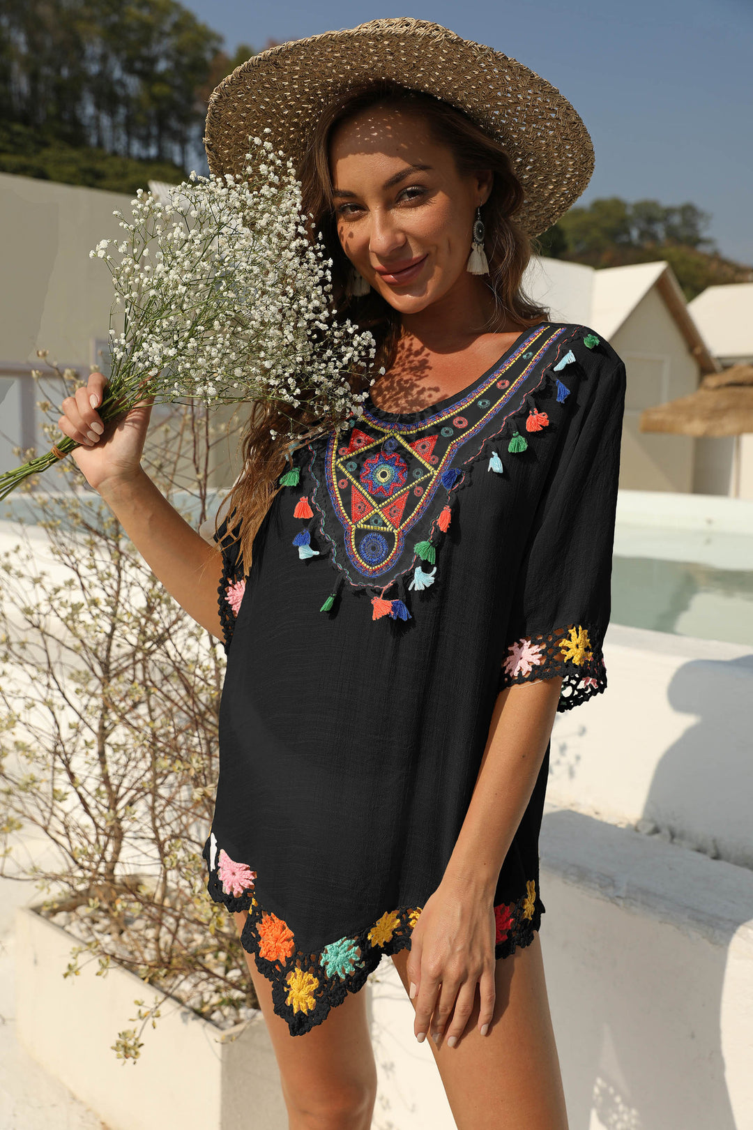 Damen luftiger Kaftan mit buntem Häkelmuster Echo Archiv