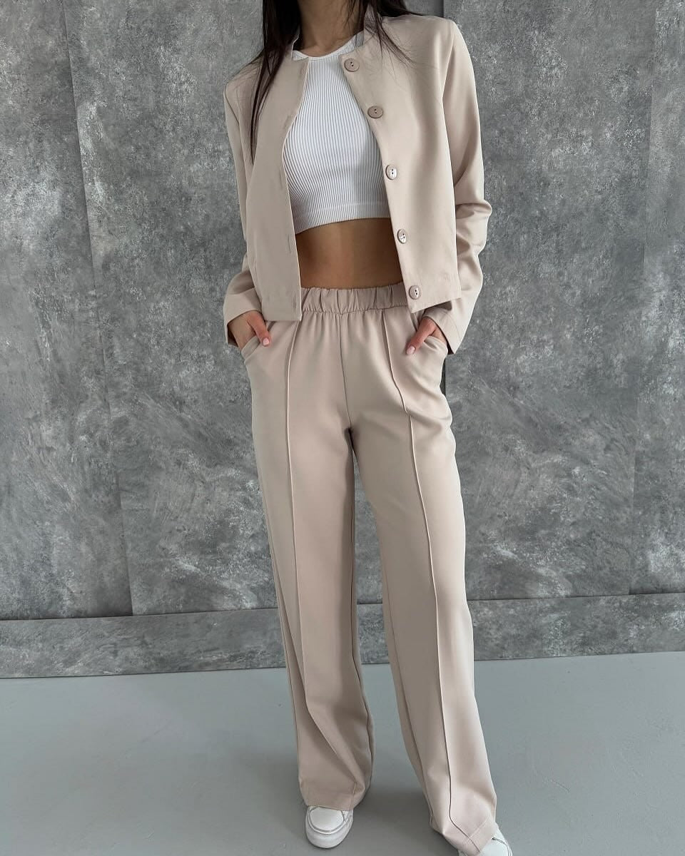 Damen Elegantes Zweiteiler-Set mit Kurzjacke und Hochbund-Faltenhose Echoarchiv