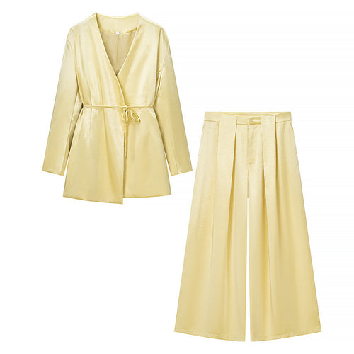 Damen Zweiteiliges Satin-Blazer-Set mit Wickeljacke und hochtaillierter Plissee-Weitbein-Hose Echo Archiv