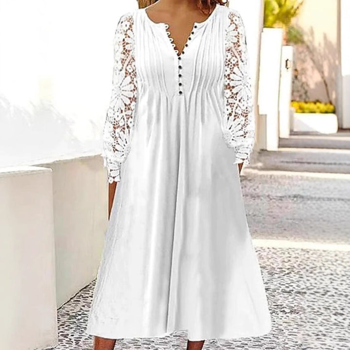 Damen nan wadenlanges A-Linien-Sommerkleid mit gehäkelten Langärmeln, Biesenoberteil und Zierknopfleiste Echo Archiv