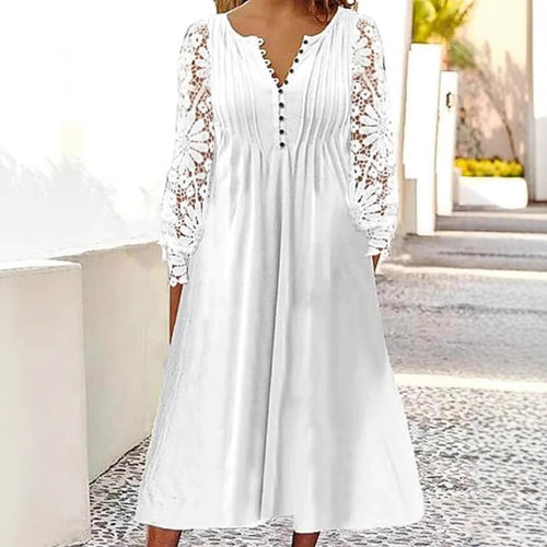 Damen nan wadenlanges A-Linien-Sommerkleid mit gehäkelten Langärmeln, Biesenoberteil und Zierknopfleiste Echo Archiv