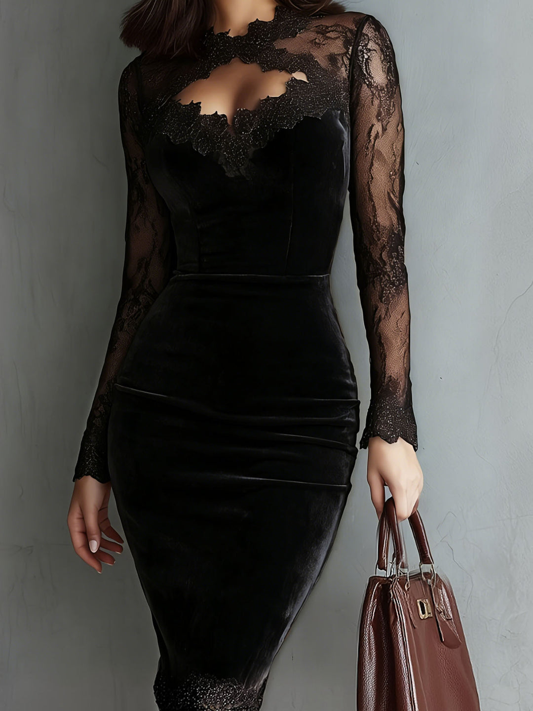 Damen Elegantes Samtkleid mit Spitzeneinsätzen und tailliertem Schnitt Echo Archiv