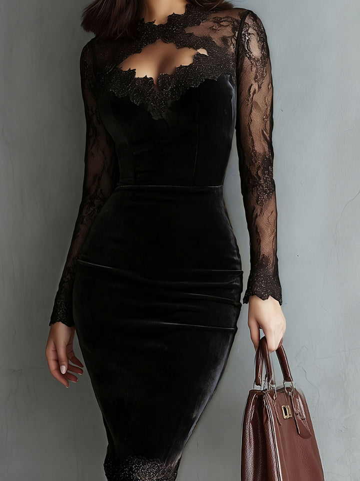 Damen Elegantes Samtkleid mit Spitzeneinsätzen und tailliertem Schnitt Echo Archiv