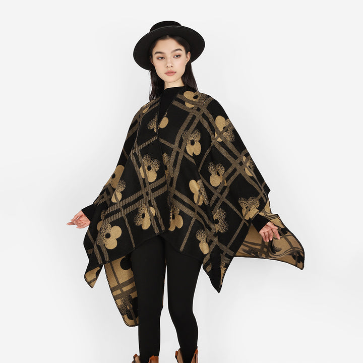 Damen Grobgewebter Deckenponcho im Ruana‑Schnitt mit floraler Karo‑Jacquard – Avérine