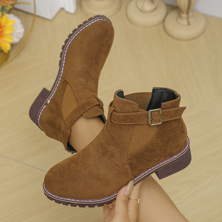 Damen kurze Ankle-Boots im Vintage-Velours-Look mit Schnallenriemen und profilierter Gummisohle Echo Archiv