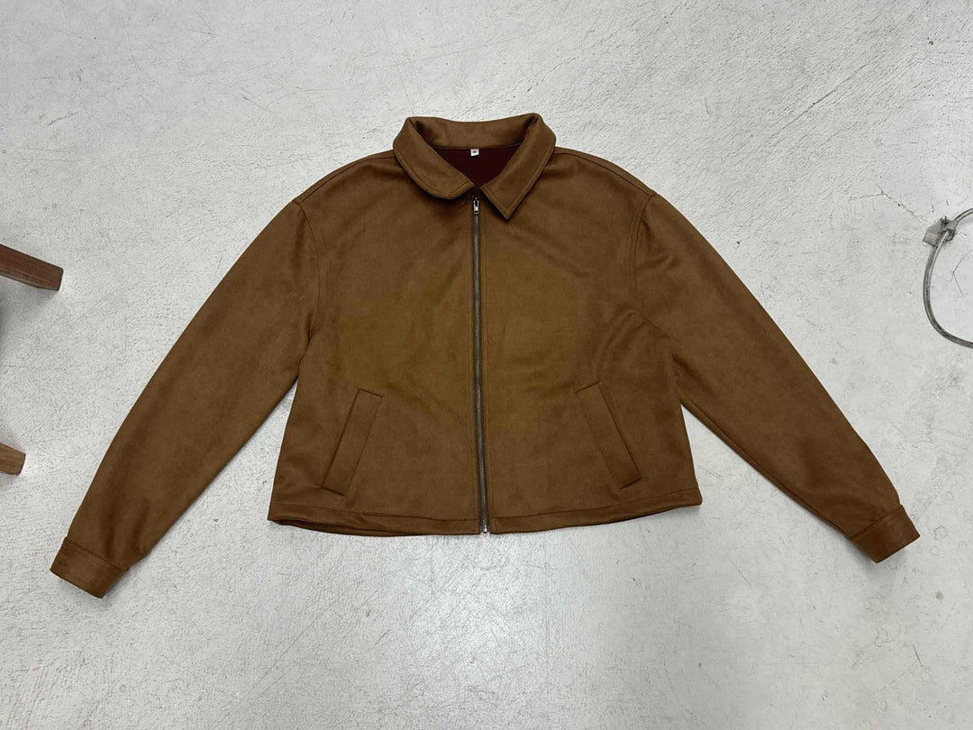 Damen Kurzgeschnittene Wildlederoptik Blousonjacke mit Hemdkragen und Reißverschluss – Célinea