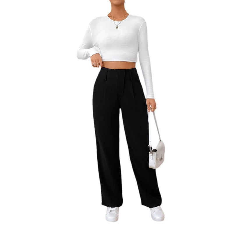 Damen Weite High-Waist Stoffhose mit Bügelfalte und Bundfalten – Avérine