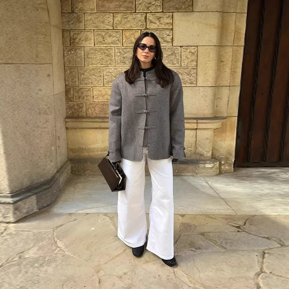 Damen Boxy Wollmix-Kurzjacke mit Knebelverschlüssen und Stehkragen Echo Archiv