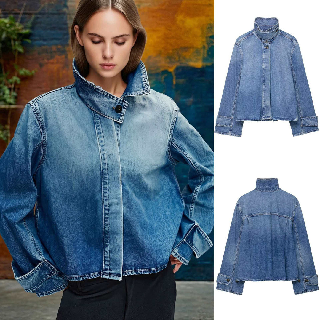 Damen nan cropped Boxy-Denimjacke mit hohem Wickel- bzw. Stehkragen und verdeckter Knopfleiste Echo Archiv