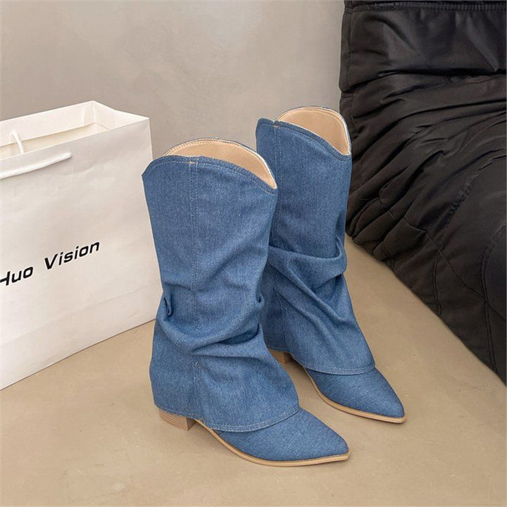 Damen Slouchy Cowboy‑Stiefel aus Denim mit spitzer Zehenform und niedrigem Blockabsatz – Lioré