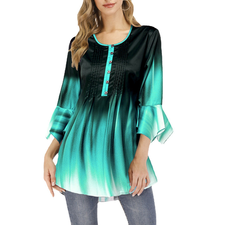 Damen Tunika-Bluse mit Kellerfalten, Schlitzknopfleiste und Glockenärmeln Echoarchiv