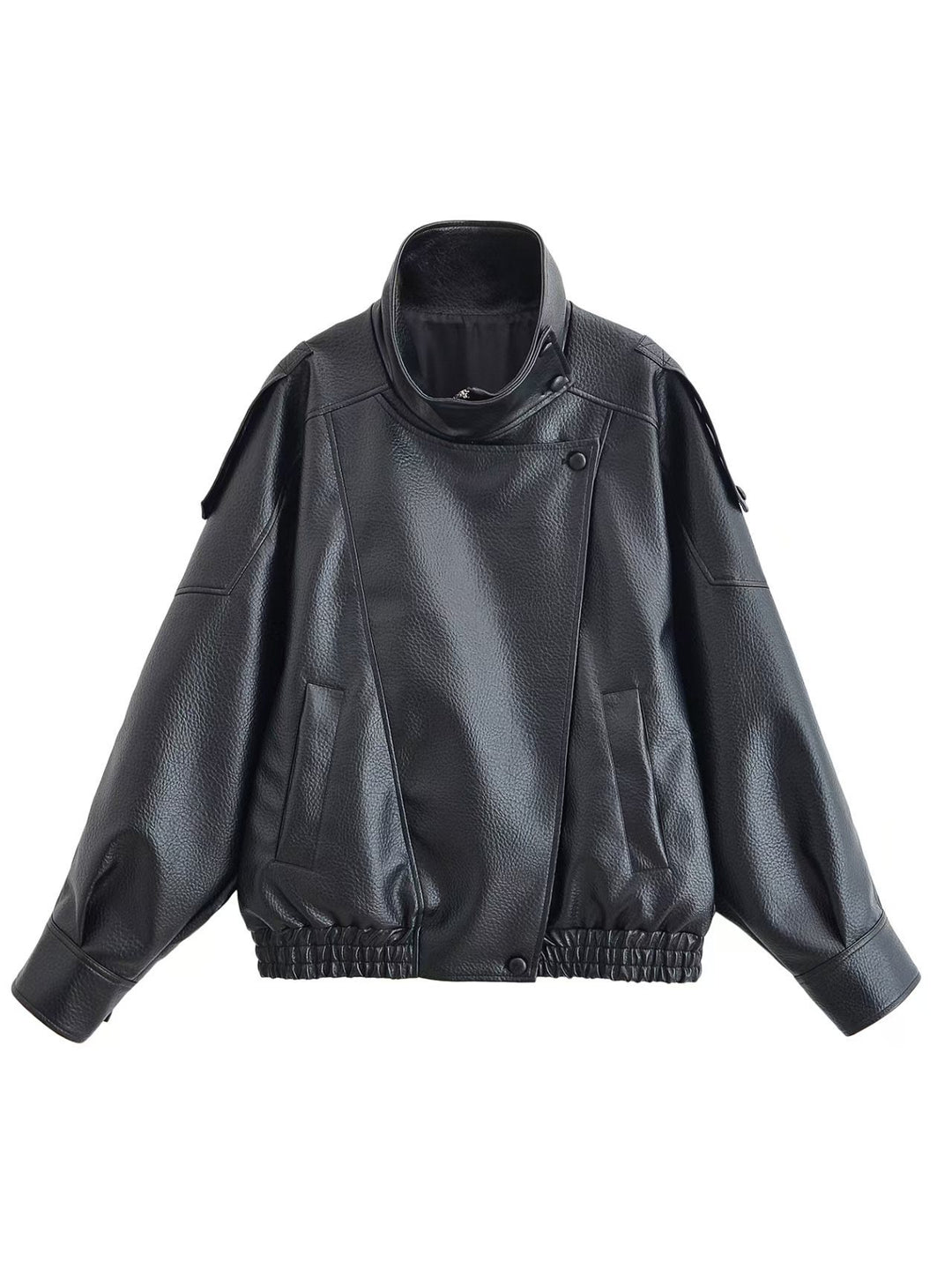 Damen nan Oversize Kunstleder-Bomberjacke mit hohem Stehkragen, Druckknopfblende und smockbündchen Echo Archiv