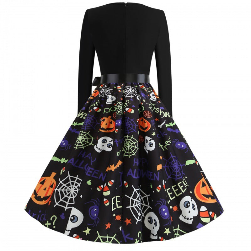 Damen Swingkleid mit Halloween-Print, taillierter Satin-Schärpe und langem Ärmel – Élara