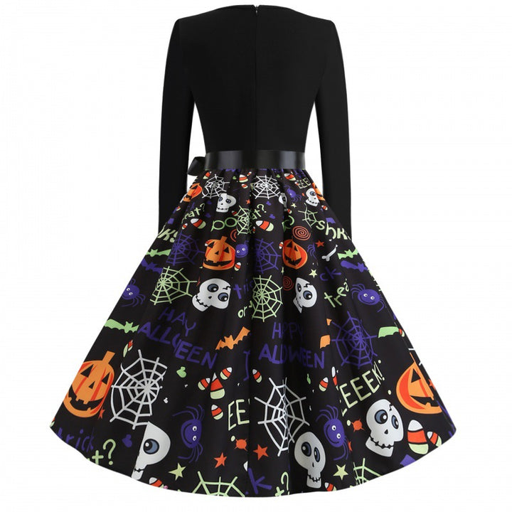 Damen Swingkleid mit Halloween-Print, taillierter Satin-Schärpe und langem Ärmel – Élara
