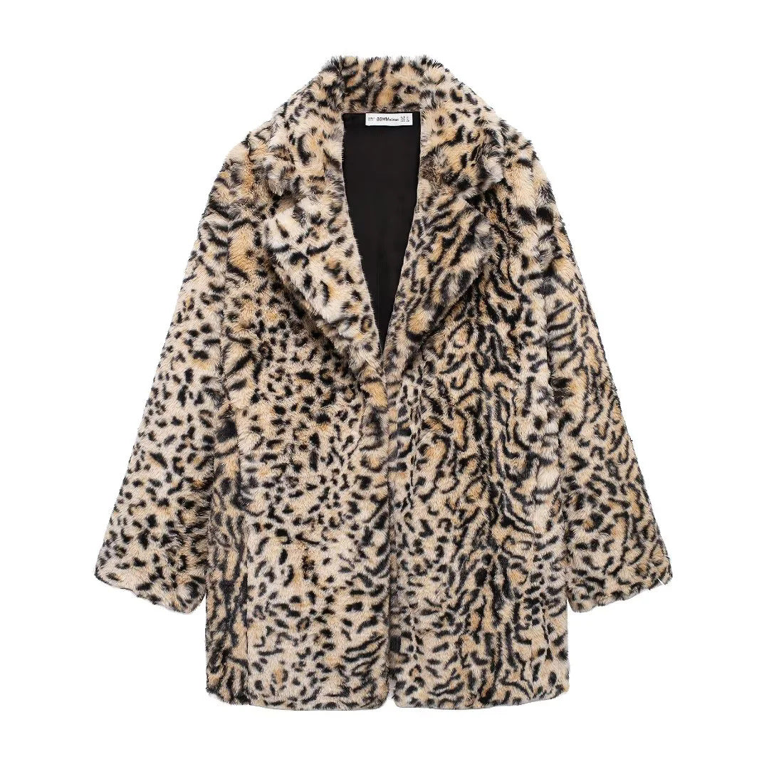 Damen oversized Kunstfellmantel mit Leopardenmuster, voluminösem Schalkragen und praktischen Eingrifftaschen – Montévia