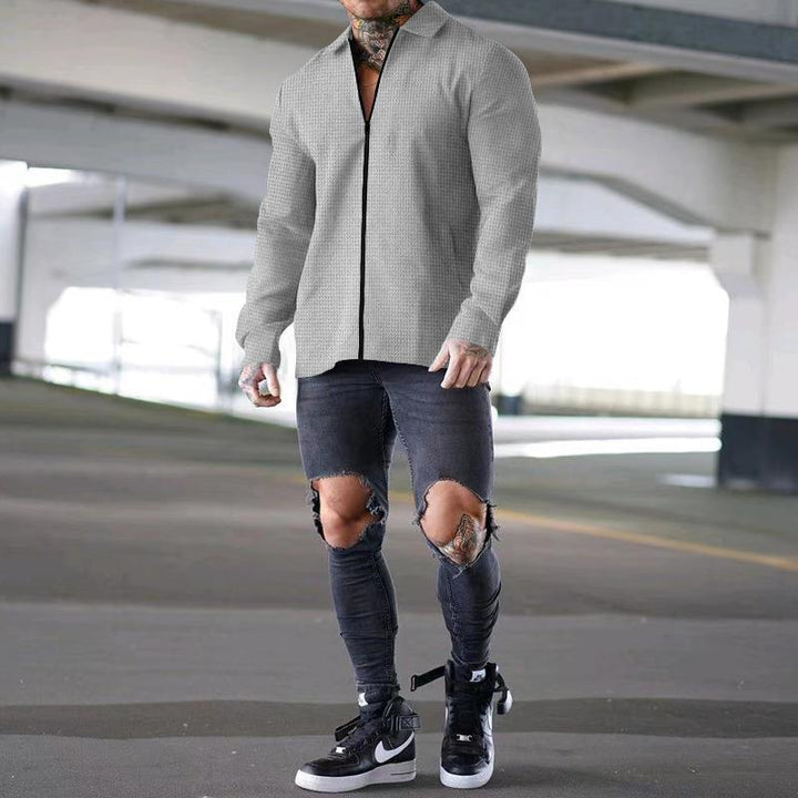 Herren lässiges Kurzarm-Hemd mit strukturiertem Design und modernem Reißverschluss Echoarchiv