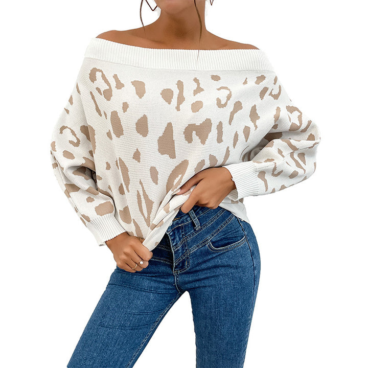 Damen Carmenpullover im Leoparden-Jacquard Oversize mit weitem Ausschnitt Echoarchiv