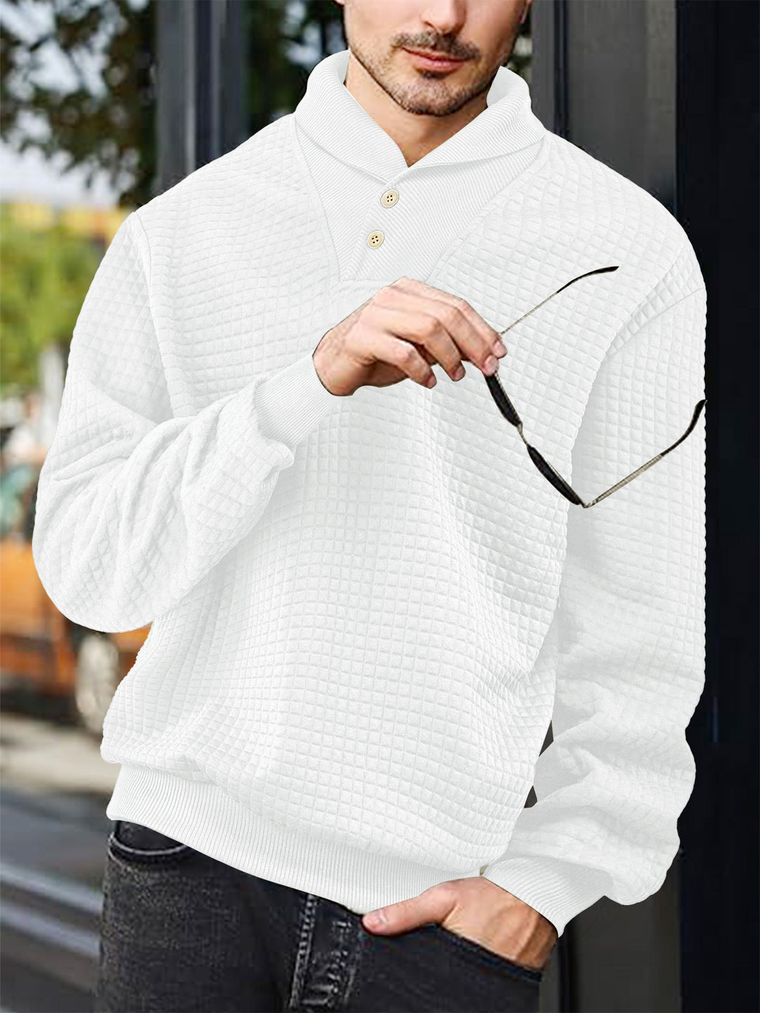 Herren nan eleganter Strickpullover mit Schalkragen, Knopfleiste am Ausschnitt und Karo-Waffelstruktur Echo Archiv