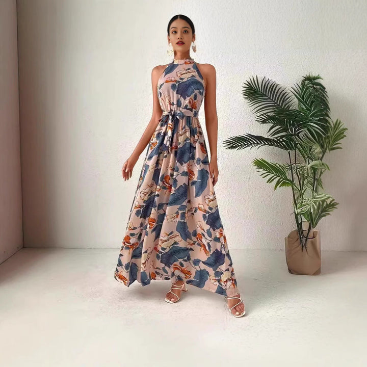 Damen Maxikleid Im Boho-Stil mit Elegantem Halterneck und Seitlichem Bindegürtel Echoarchiv
