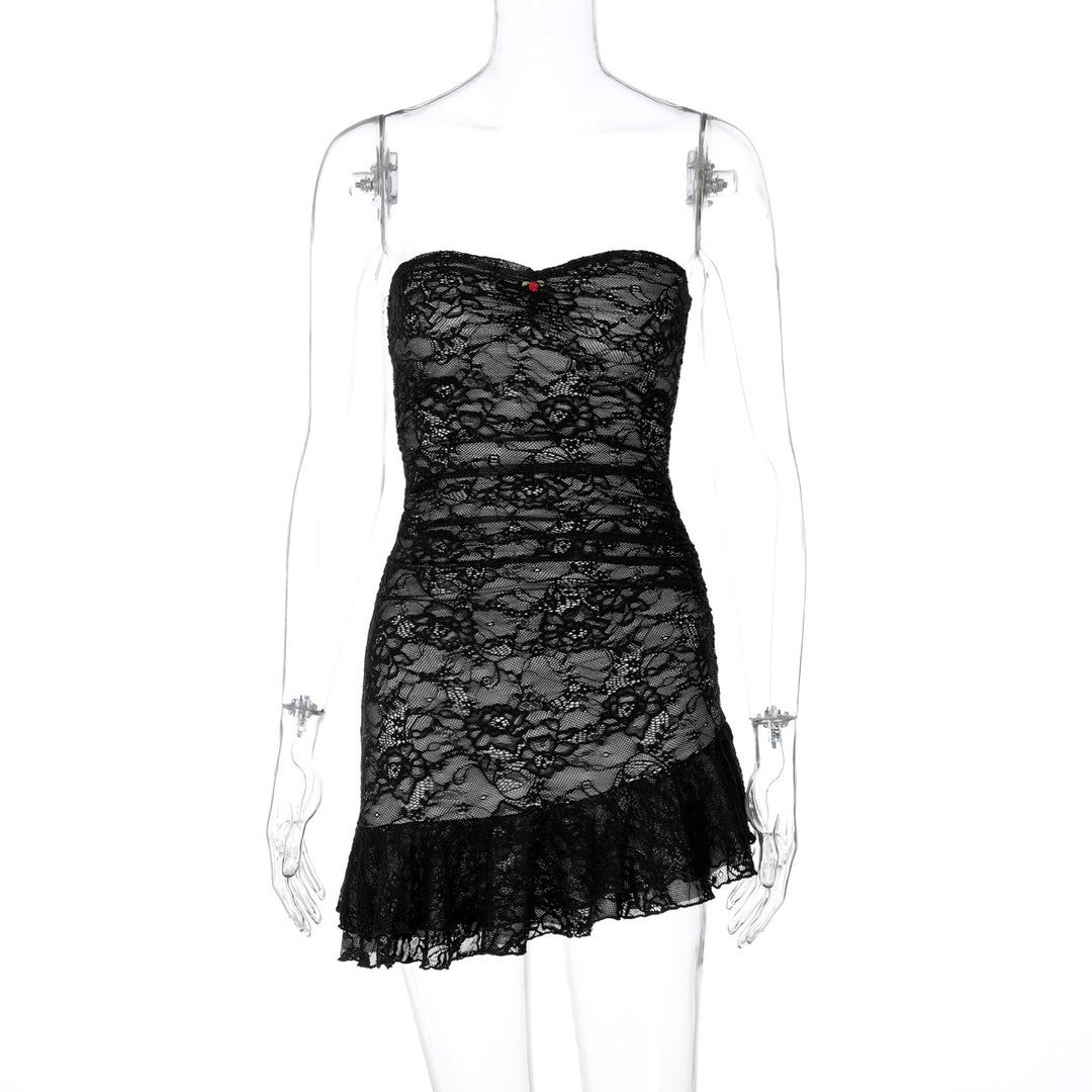 Damen Spitzenkleid mit schulterfreiem Design und eleganter Rüschendetail Echo Archiv