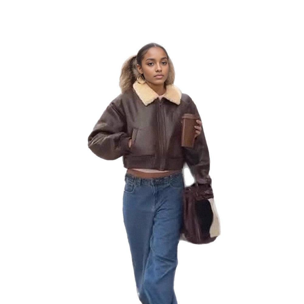 Damen Oversized Fliegerjacke im Biker-Bomber-Stil mit Teddykragen Echoarchiv