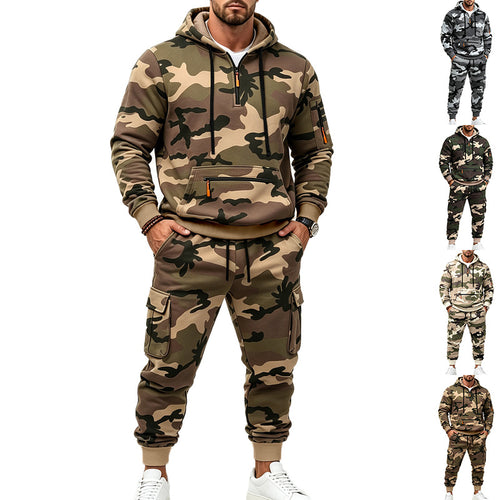 Herren Camouflage Kapuzensweatshirt- und Jogginghose Set mit Cargo-Taschen und Reißverschlüssen – Cavarno