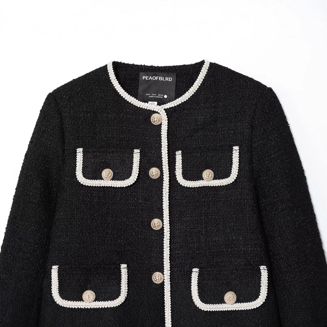 Damen klassische Bouclé-Jacke mit kontrastierender Paspelierung und Zierknöpfen – Célinea
