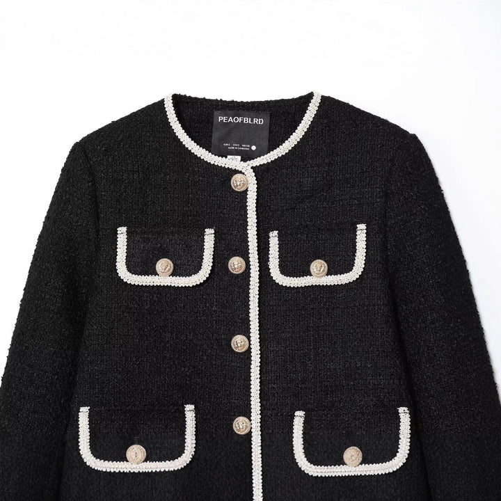 Damen klassische Bouclé-Jacke mit kontrastierender Paspelierung und Zierknöpfen – Célinea