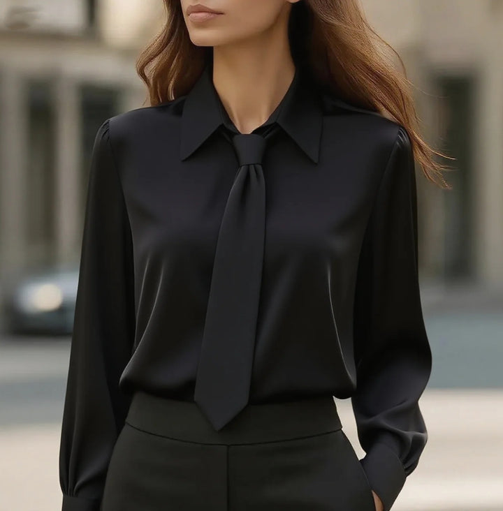 Damen Seidige Business Bluse mit Hemdkragen und integrierter Schleife Echoarchiv