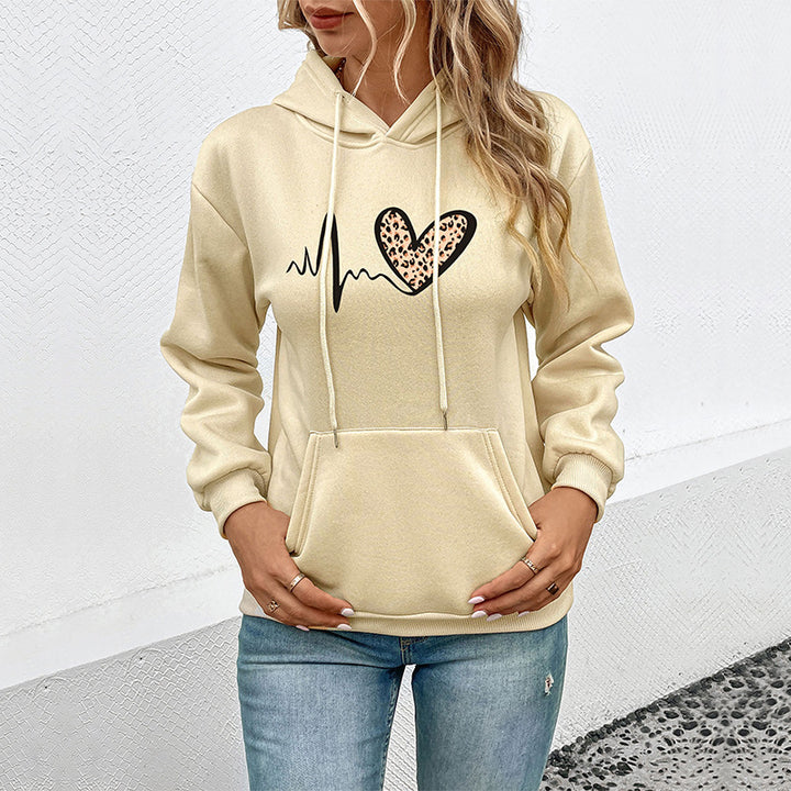 Damen Kapuzenpullover mit Herz‑EKG‑Print, Kängurutasche und lockerer Passform Echoarchiv