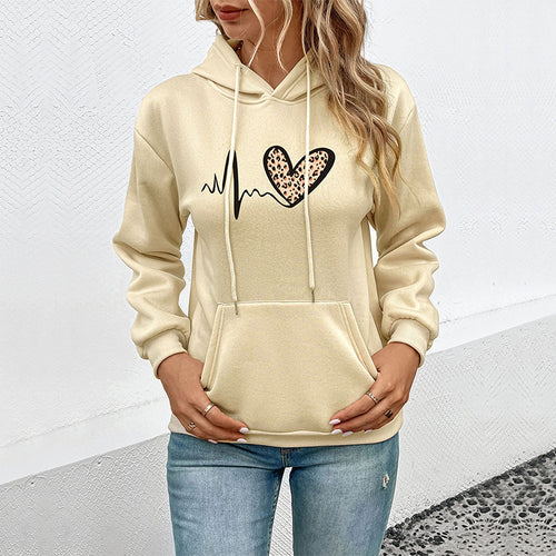 Damen Kapuzenpullover mit Herz‑EKG‑Print, Kängurutasche und lockerer Passform Echoarchiv