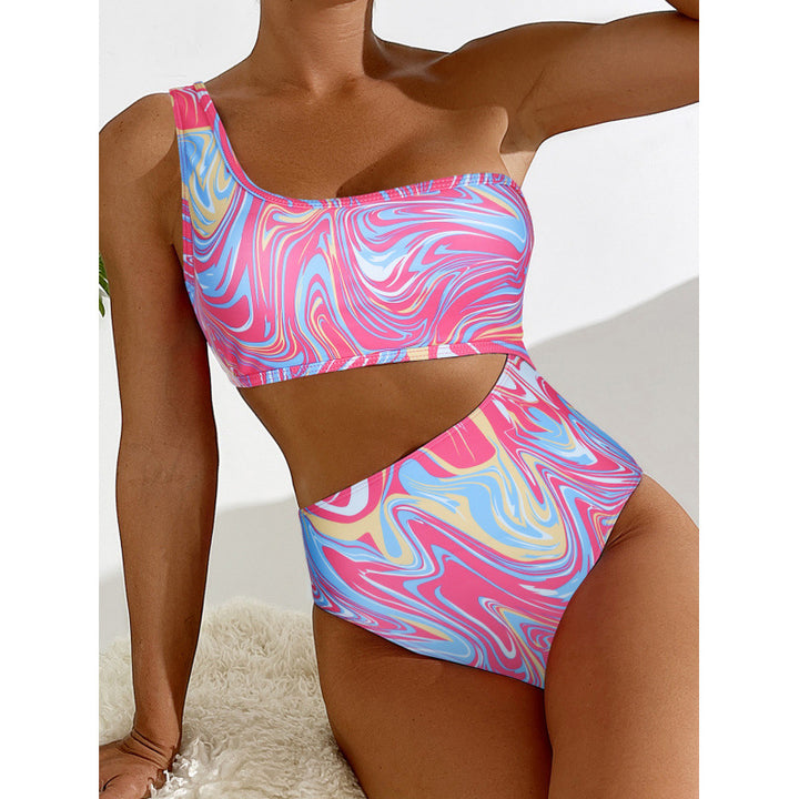 Damen One-Shoulder Bikini-Set mit buntem Muster und hohem Beinausschnitt Echo Archiv