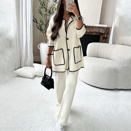 Damen Longline-Strickset mit kontrastbesetzter Strickjacke und weitem Palazzo-Hosen Echoarchiv