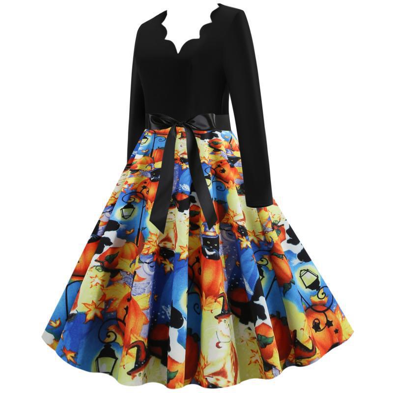 Damen Retro Swingkleid mit gewelltem Ausschnitt, langen Ärmeln und Halloween-Print Tellerrock – Élara